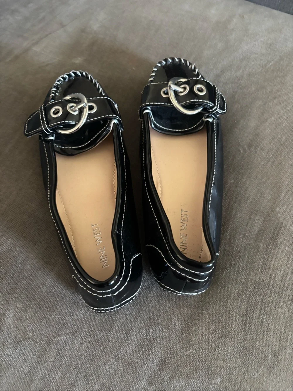 Nine West Black Patent Leather Loafers with Silver Buckle Detail